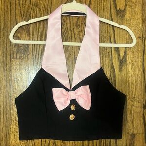 Black and pink halter collared top with bow